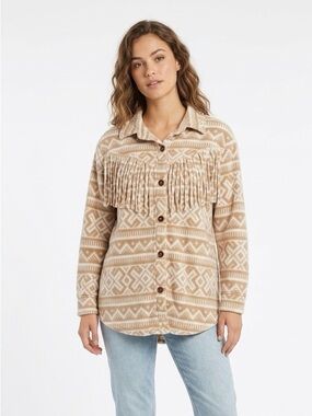 Inner Circle, Cozy Aztec Fleece Button-Up in Beige & Cream - L